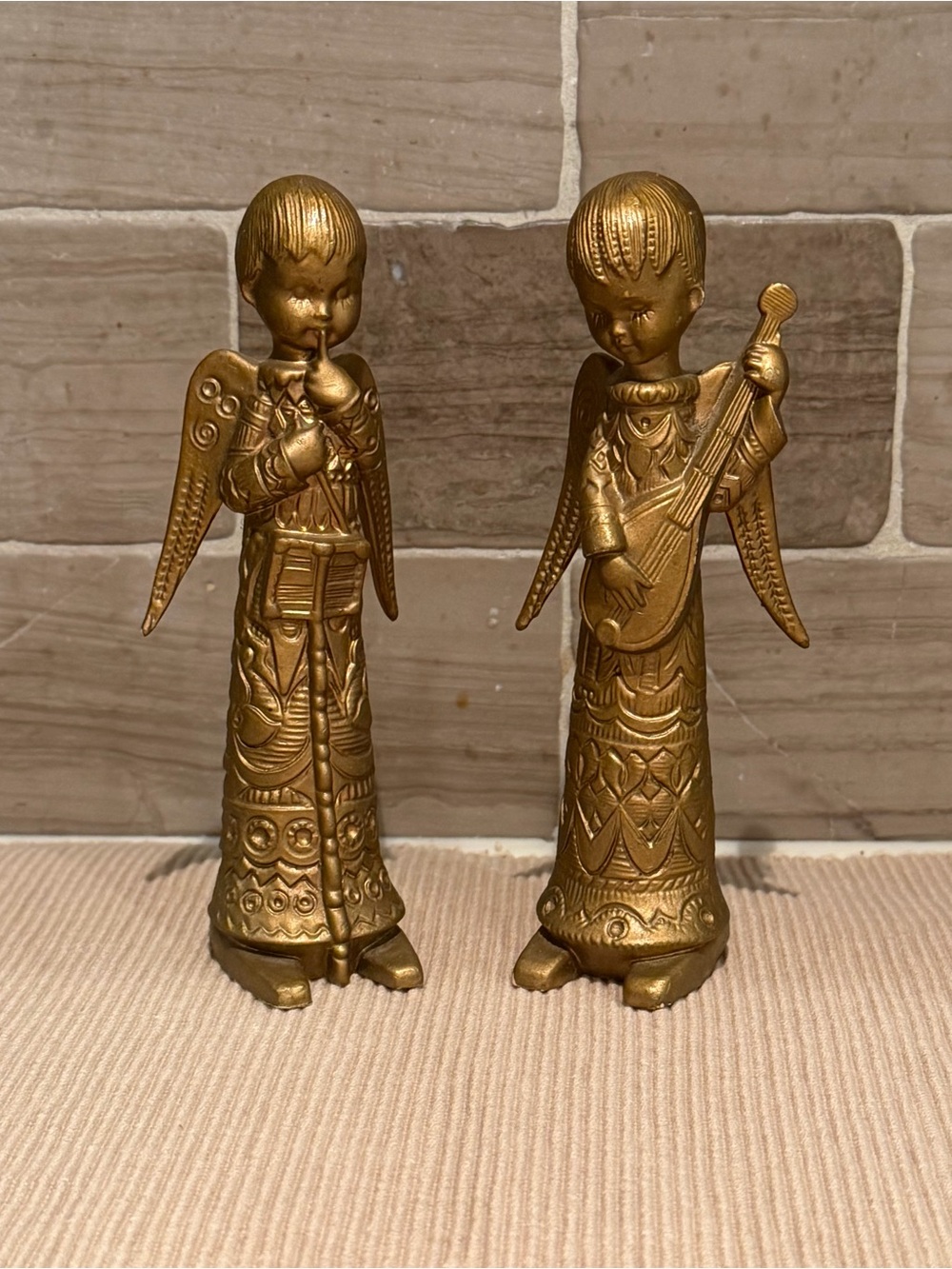 Vintage Italian Gold Angel Musicians Figurine Pair Made in Italy Flute Lute
